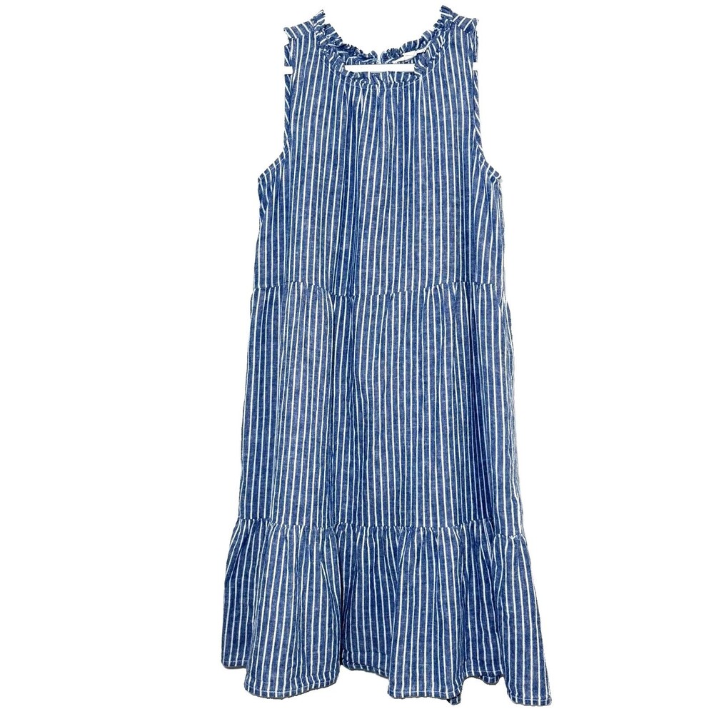 BeachLunchLounge Blue White Stripe Linen Cotton Tiered Shift Dress Small
